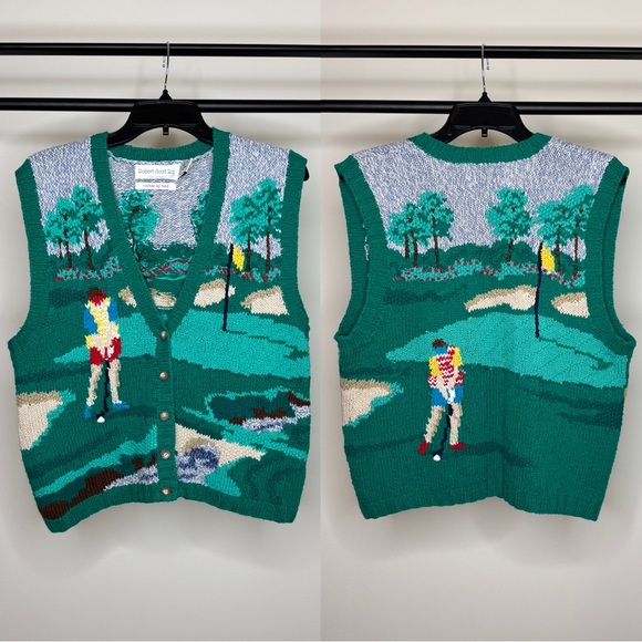Vintage Robert Scott LTD Unique Golf Print Hand Knit Sweater Vest size S Small - Picture 1 of 13